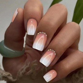 Gradient White Press on Nails Short Square False Nails with Glue Rhinestones Designs Glue on Nails Artificial Acrylic Fake Nails Glossy Office Home Stick on Nails for Women Girls
