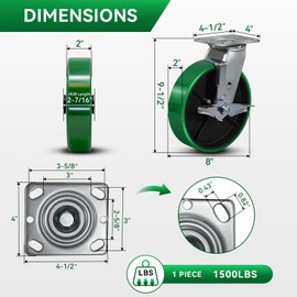 FOVERSWIVE 8"x2" Heavy Duty Casters- Polyurethane Casters Wheel, Casters Set of 4 Heavy Duty, Capacity up to 6000 Lb. Use for Platform Truck, U-Boat Cart, Workbenches (2 Brake &2 Rigid)