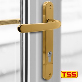 TSS Polished Brass UPVC Door Handle Pair Set, Sprung, 92mm PZ (Centres), Lever Lever, 203mm Screw to Screw (Screw centres), Backplate 232mm x 32mm - Replacement PVC Door Handle in Polished Brass