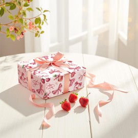 LeZakaa Pink Bow Wrapping Paper Roll - Pink Cherry Strawberry Bow Design Perfect for Valentine's Day, Girls Birthday, Bachelorette Party, Baby Shower - Mini Roll - 17 Inch x 16.5 Feet (23.2 sq.ft.)