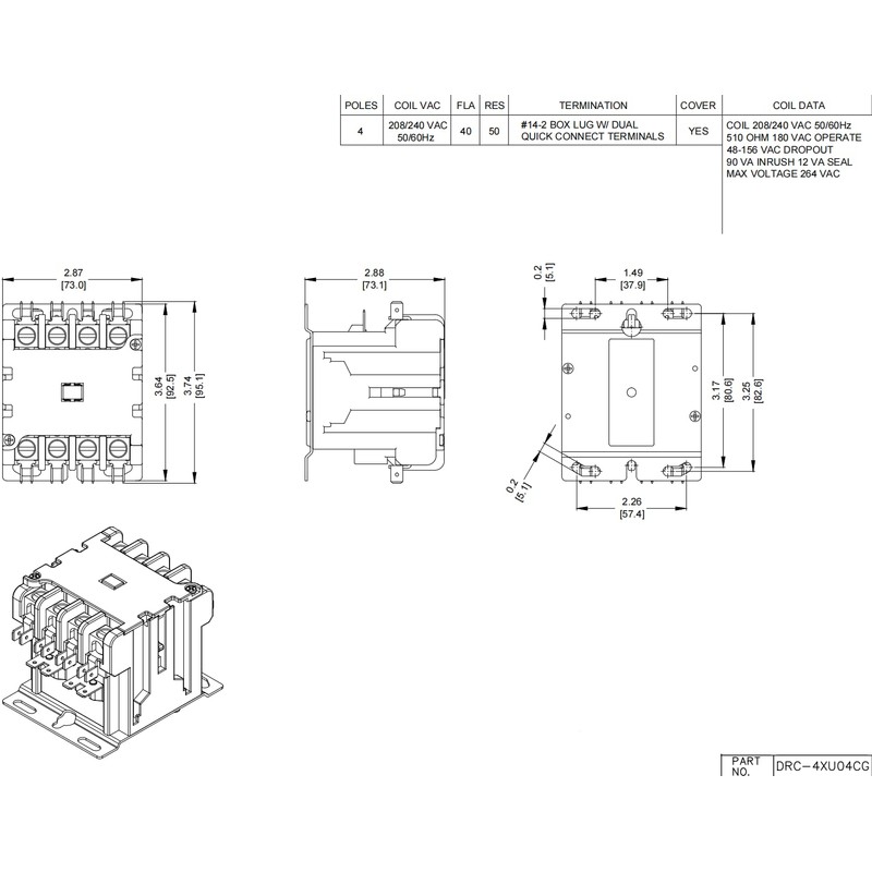SUNLEE 4 Pole 40 Amp 50 RES 208/240V Coil Contactor