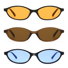 NULOOQ Retro Oval Cat Eye Sunglasses for Women Y2k Trendy Small Narrow Sunnies 90s Designer Sun Glasses (Orange + Brown + Blue) - 3 Pack