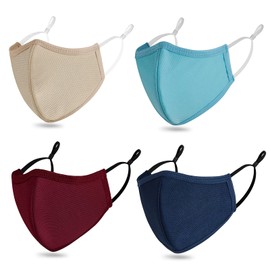 Máscara facial de tela transpirable de 3 capas ajustables para las orejas, lavable, reutilizable, de algodón, negro, para adultos, unisex (L, azul marino/azul cielo/burdeos/caqui, para la mayoría de adultos (tamaño regular de la cara))