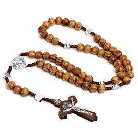 EIROVYA Catholic Cross Rosary Necklace, Natural Wood Prayer Beads with Medal Cross Jesus Christ Saint Benedict for Catholic Christians Religious Communion, Baptism, Mass Bible, 1 Piece, bronze