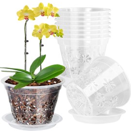 Blumiger Orchid Pot, 8 Pack 5 inch Orchid Pots with Holes & Saucers, Clear Plastic Pot for Repotting, Breathable Ventilation Planters for Phalaenopsis, Dendrobium & Oncidium Orchids