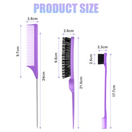 AOOWU 3 Pcs Slick Brush Set, Volume Creating Teasing Brush Set, Hair Styling Comb Set Include Bristle Hair Brush Double Sided Edge Brush Rat Tail Comb for Women Kids Edge Back Hair Smoothing (Purple)
