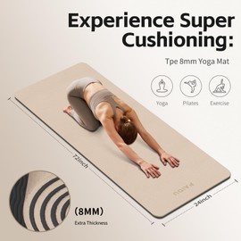 PAIDU Yoga Mat 8mm Super Thick TPE Fitness Exercise Mat, Non-Slip, Odorless and Tear Resistant, Unisex, With Strap, Suitable for Yoga, Pilates, Meditation, Home Floor Exercise