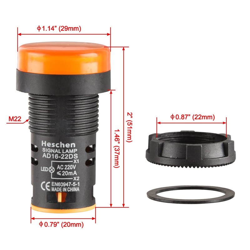 Heschen 22mm LED Indicator Pilot Light, AD16-22D/S, 220VAC 20mA, Yellow