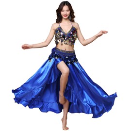 Belly Dance Satin Skirt Split Side Long Skirts Shiny Dance Skirt Festival Performance Clothing, darkblue