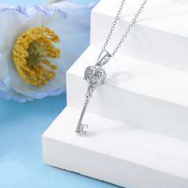 LWXIE Diamond Key Necklace S925 Sterling Silver Key Necklace Silver Key Pendant Necklace for Women 18+2Inch