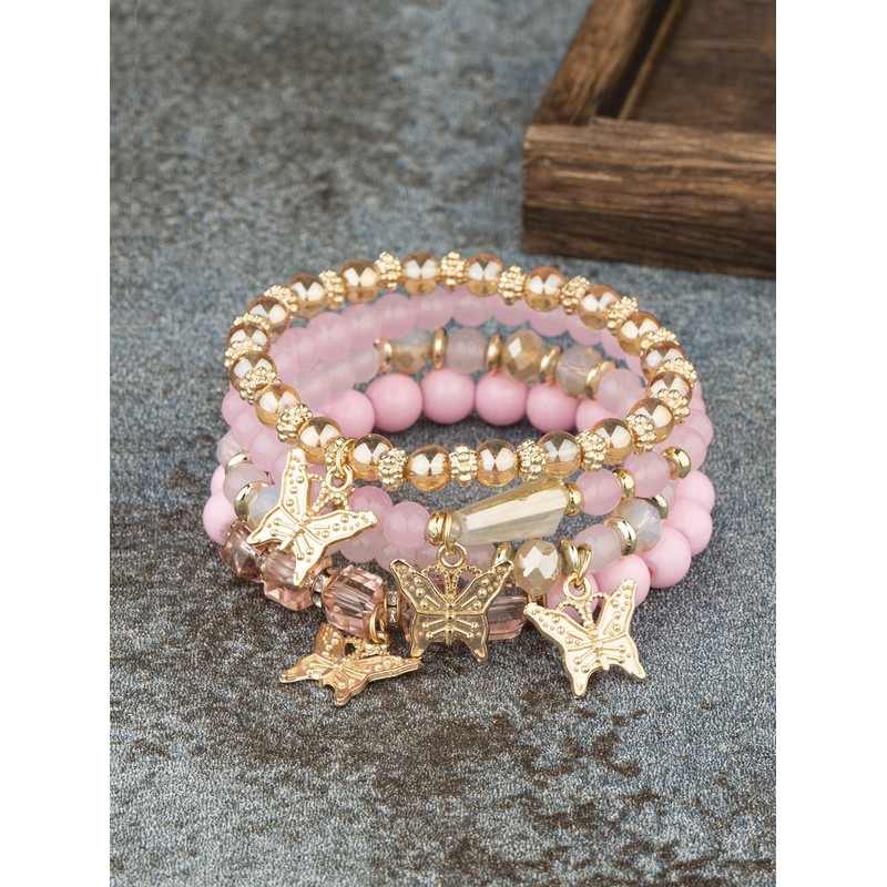 Caiyao 4pcs Butterfly Bohemian Beaded Stackable Stretch Bracelet Set Elastic