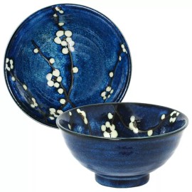 Made in Japan SET of 2 Japanese 6.25"D Rice Soup Noodle Bowl Blue Cherry Blossom Made in Japan