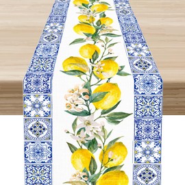 Camino de mesa de lirio limón, azulejos rústicos de temporada amarillos azules de primavera y verano, fruta, centro de decoración para el hogar, cocina, comedor y sala de estar, decoración de mesa de