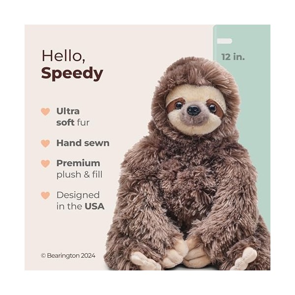 Bearington Speedy Plush Three Toed Sloth Stuffed Animal, 12 inches