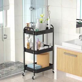 PNVXNUS 3 Tier Rolling Metal Storage Carts with Wheels,Multi Functional Organizer Cart for Office, Bathroom, Kitchen, Book, Diaper. Easy Assembly. (black)