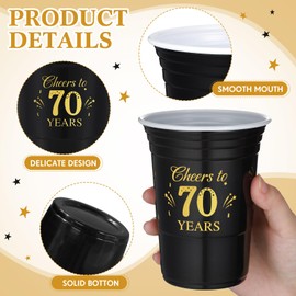 Ziliny 100 Pcs 70th Birthday Cups Bulk, Cheers to 70 Years 16 oz Disposable Plastic Cups for Men Women 70th Birthday Wedding Anniversary Party Favors Decoration Black Gold Hot Cold Drinks Supplies