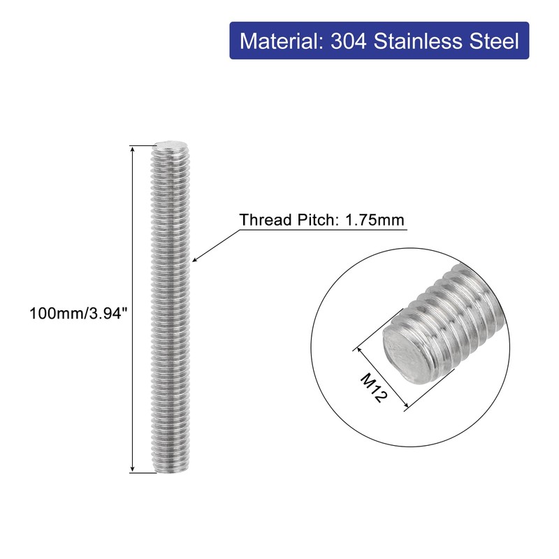 QUARKZMAN Fully Threaded Spindle, M12 x 100 mm, 304 Stainless