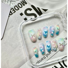 10pcs Butterfly Aurora Press On Nails Square Nails False Nails Acrylic Fake Nails 10pcs Multicolor Kits Included (Water, M)