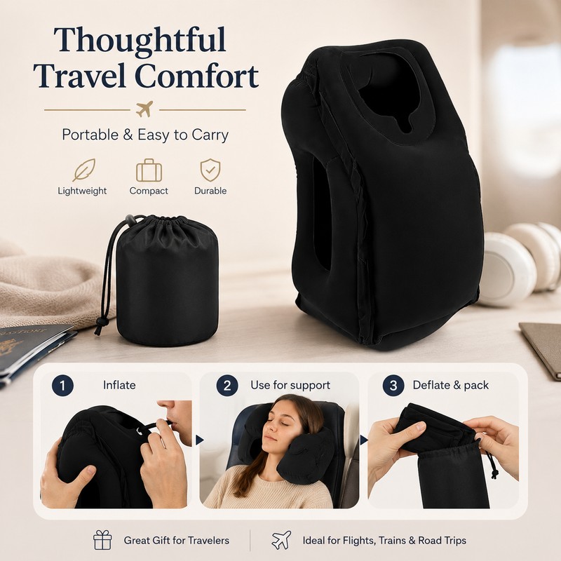 Inflatable Travel Pillow for Neck Support – 45° Headrest Cushion