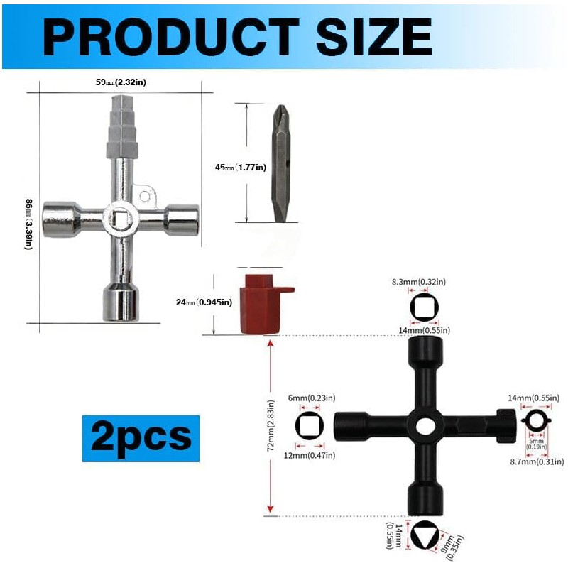 Changbloom 2 Pcs Multifunctional 4 Way Sillcock Key Wrench Set,