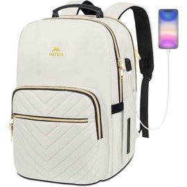 MATEIN Travel Laptop Backpack, Anti Theft Quilted Slim Backpacks for Women with Detachable Keychain Hook, Teacher Doctor Nurse Carry on Bags Purse Fits 15.6 Inch Notebook, White