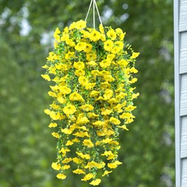 4 Pack Artificial Fake Hanging Flowers Plants for Spring Outdoor Outside Decoration Faux Silk Flower UV Resistant Morning Glory Petunia for Garden Porch Patio Balcony Yard Decor (Yellow,No Basket)