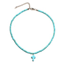 ZIVUYTAQ Cross Necklace Pendant Bohemian Turquoise Seed Blue Beaded Necklace Choker for Women Men Faith Jewelry Gift(Blue)