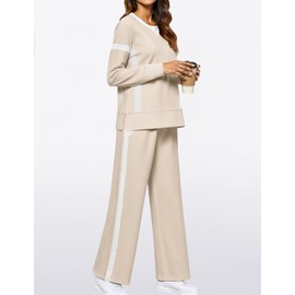 SHESHOW Lounge Set for Women 2 Piece Outfits Color Block Tracksuit Crewneck Sweatshirt Wide Leg Sweatpants Sweatsuit Matching Sets Khaki M