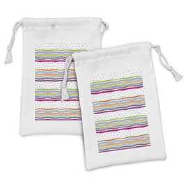 Ambesonne Striped Fabric Pouch Set of 2, Abstract Wavy Stripes Polkadots Ribbons Bows and Hearts Girly Patterned Artwork, Small Drawstring Bag for Toiletries Masks and Favors, 9" x 6", Multicolor