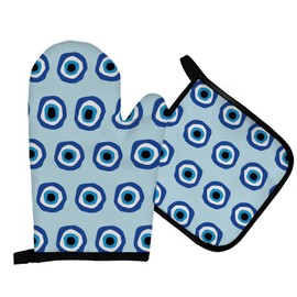 Mingnei Evil Eye Oven Mitts and Pot Holders Sets, Blue Evil Eye Heat Resistant Potholder Kitchen Decor for Cooking Baking BBQ Grilling, Preppy Evil Eye Oven Glove Set Kitchen Decor