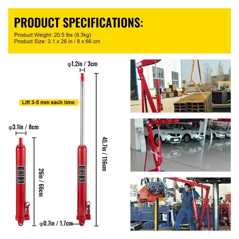 Hydraulic Long Ram Jack, 3 Tons/6600 lbs Capacity, with Single