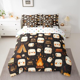 Feelyou Cute Marshmallow Comforter Set with Sheets Twin Size Kids Kawaii S'Mores Candy 7 Pieces Bedding Set for Boys Girls Teens Happy Camping Bed in a Bag Breathable Tent Fire Bed Set Travel