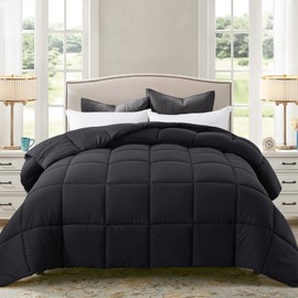 ELNIDO QUEEN® All-Season Black Down Alternative Quilted Comforter- Corner Duvet Tabs-Machine Washable-Duvet Insert or Stand-Alone Lightweight Comforter-Cal King Size(104×96 Inch)