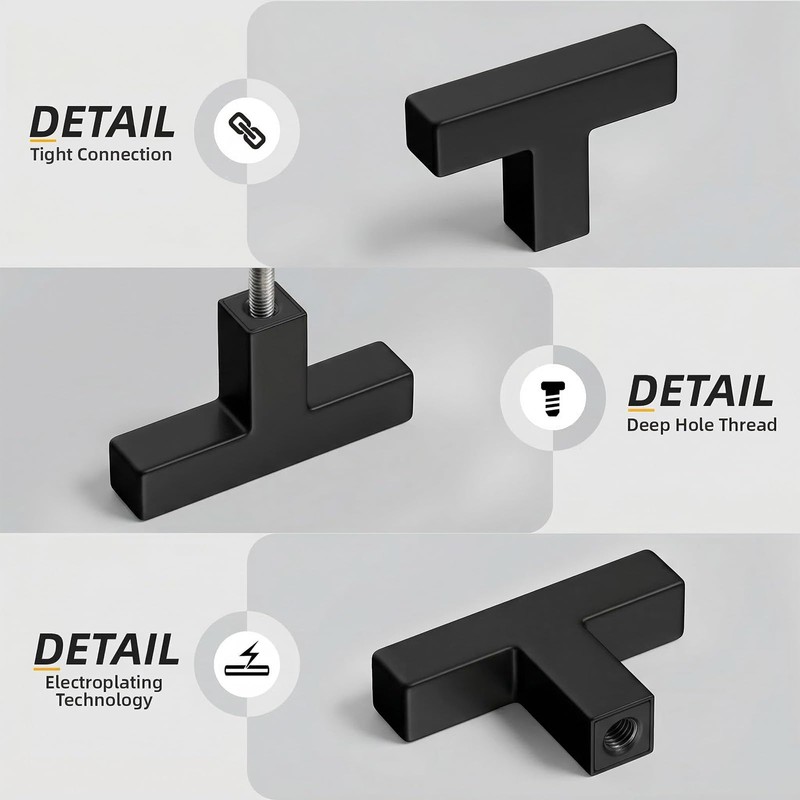 Goldenwarm 5 Pack Black Square T Bar Single Hole Knobs
