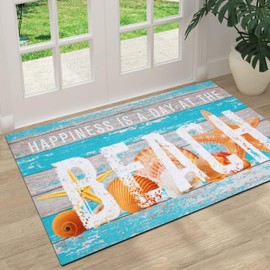 ASPMIZ Summer Welcome Beach Door Mat, Ocean Wood Front Doormats Home Entrance, Non Slip Doormat Rug with Rubber Backing, Absorbent Sea Areas Mats Low Profile Outside Patio Indoor Outdoor, 18" x 30"