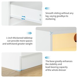 Garvee 4 Drawer Double Dresser with Power Outlet, Accent Chests of Drawers with LED Light, Modern White Storage Dresser with Charging Station, White