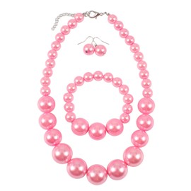 KOSMOS-LI Women's Large Big Simulated Pink Pearl Statement 19" Necklace Bracelet and Earrings Jewelry Set