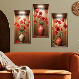 Runtoo 3D Flower Wall Art Stickers Poppy Floral Vase Wall Decals Living Room Bedroom Office Wall Decor
