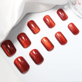 Red Cat Eye Press on Nails - Short Square Glossy Fake Nails, Shiny Full Cover Manicure Kit for Women, 24PCS