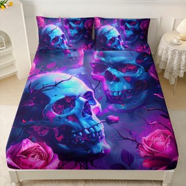 AILONEN Sugar Skull Fitted Sheet Set Twin XL Size,Tie Dye Flower Skeleton Skull Bed Sheet Set,Goth Skull Sheet Set,3 Piece Bedroom Decor Printed Fitted Sheet with 2 Pillowcases