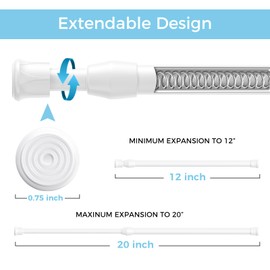 AIZESI 2PCS Small Tension Rod 12 to 20 inch white tension rod short tension rod spring tension rod kitchen curtain rod short curtain rod mini tension rods mini curtain rods cupboard rod