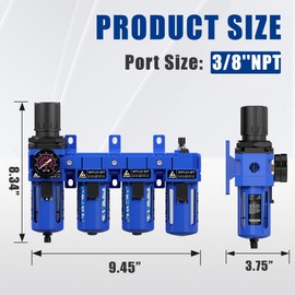 ATINY 3/8" NPT Compressed Air Filter Regulator Lubricator Combo,Air Compressor Dryer Oil Water Separator,Brass Cartridge with Double Desiccant - Gauge(0-150 psi), Poly Bowl, Semi-Auto Drain, Bracket