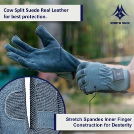 NORTH SKIN Leather Gardening Work Gloves Heavy Duty Breathable Thorn Proof Garden Gloves Flexible Mechanics Building Construction Safety Working Utility Gloves Men Women (Grey, L)