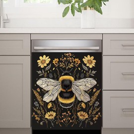Flower and Bee Wallpaper Dishwasher Magnet Cover Sticekr - Kitchen Decorative Fridge Panel Decal - Kitchen Appliances Decorate Sticker - 23W x 26H inchs