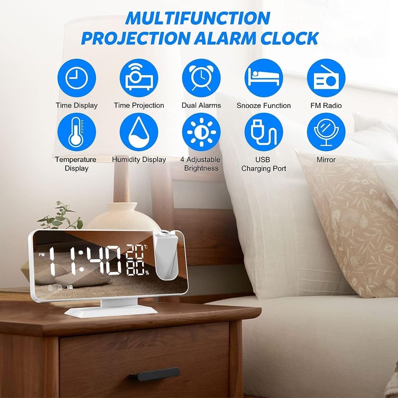 Projection Digital Alarm Clock for Bedroom, Beedove FM Radio Alarm