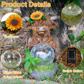 Qcxeulyo Highland Cow Outdoor Statue with Solar Transparent Ball for Garden Outside Yard Lawn Decor Highland Cow Figurine Porch Patio Balcony Home, Birthday Gifts for Mom Women