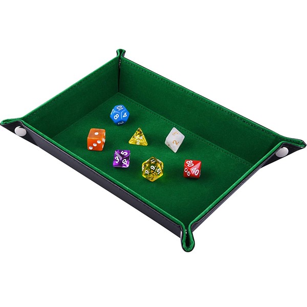 SIQUK Double Sided Dice Tray, Folding Rectangle PU Leather and Dark Green Velvet Dice Holder for Dungeons and Dragons RPG Dice Gaming D&D and Other Table Games