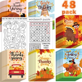 48PCS Thanksgiving Activity Books for Kids Fall Turkey Coloring Books Pumpkin Fun and Games Activity Books Challenging Activities Include Mazes Find Difference for Party Classroom Gifts Bag Stuffers