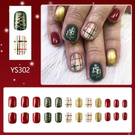 Christmas Press on Nails Short Square Fake Nails - Cute Xmas Tree Plaid Designs, Glossy Red Green Gold Acrylic Full Cover Winter Glue on Artificial False Nails for Women and Girls