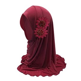 NICEYST Girls Ice Silk Muslim Khimar Hijab Headscarf Flower Arab Scarf Shawls Neck Wrap Islamic Head Wrap for Age 2-7 Years
